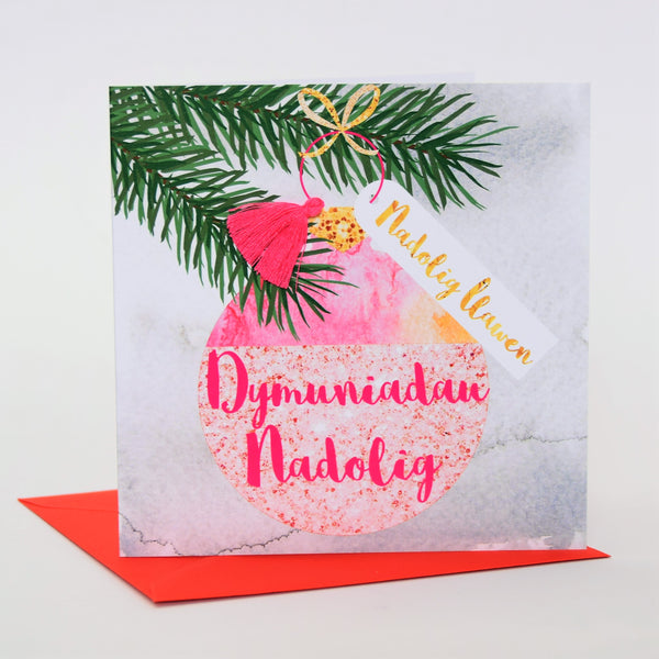 Welsh Christmas Card, Nadolig Llawen, Bauble, Winter Wishes, Tassel Embellished