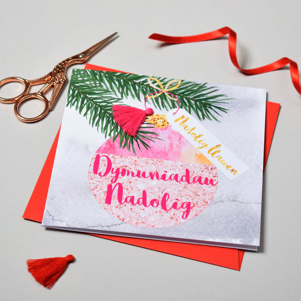 Welsh Christmas Card, Nadolig Llawen, Bauble, Winter Wishes, Tassel Embellished