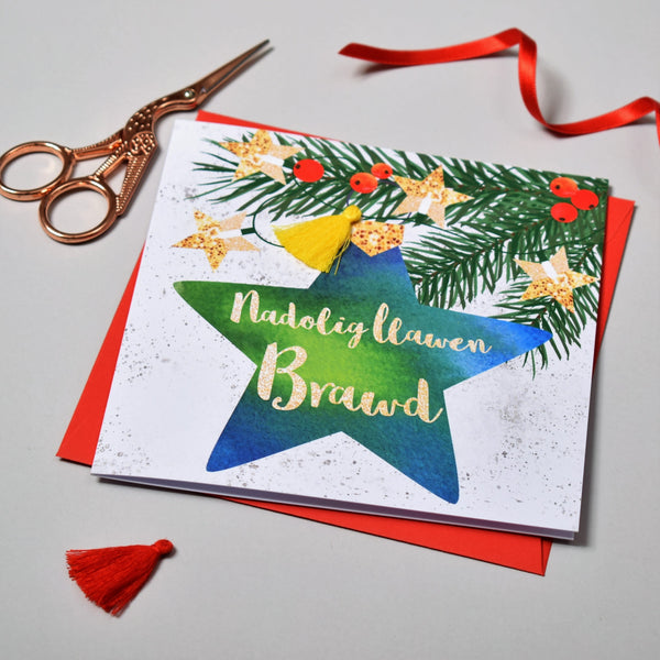 Welsh Brother Christmas Card, Nadolig Llawen Brawd, Bauble, Tassel Embellished