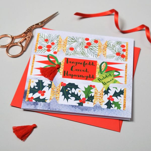 Welsh Christmas Card, Nadolig Llawen, Peace Love and Joy, Tassel Embellished
