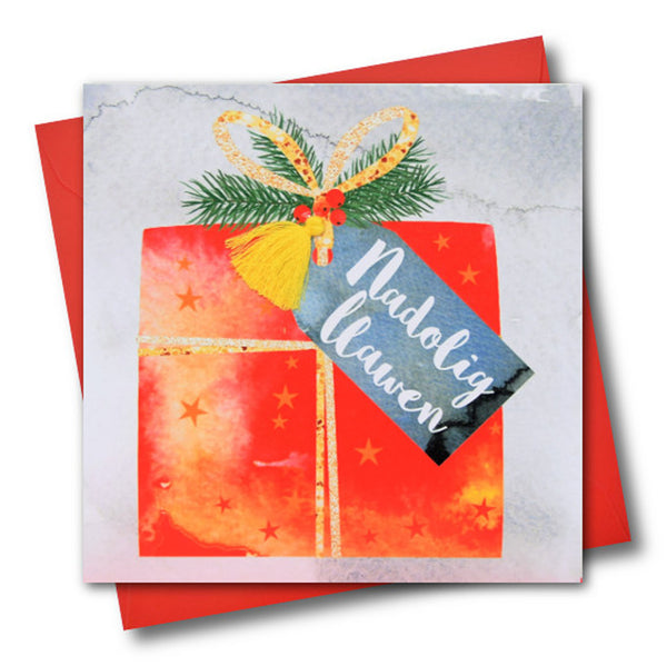 Welsh Christmas Card, Nadolig Llawen, Present, Tassel Embellished
