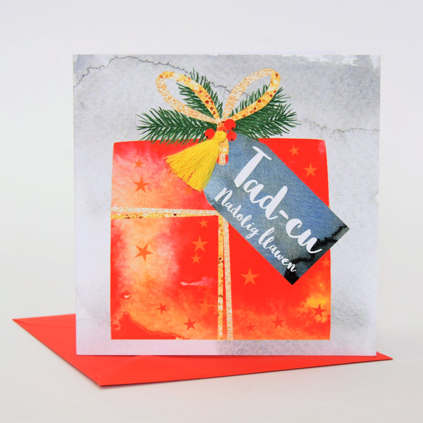 Welsh Grandpa Christmas Card, Nadolig Llawen Tad-cu, Present, Tassel Embellished