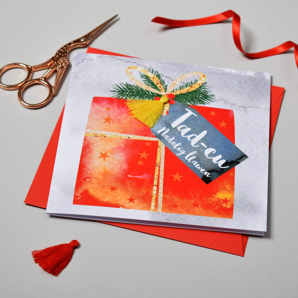 Welsh Grandpa Christmas Card, Nadolig Llawen Tad-cu, Present, Tassel Embellished