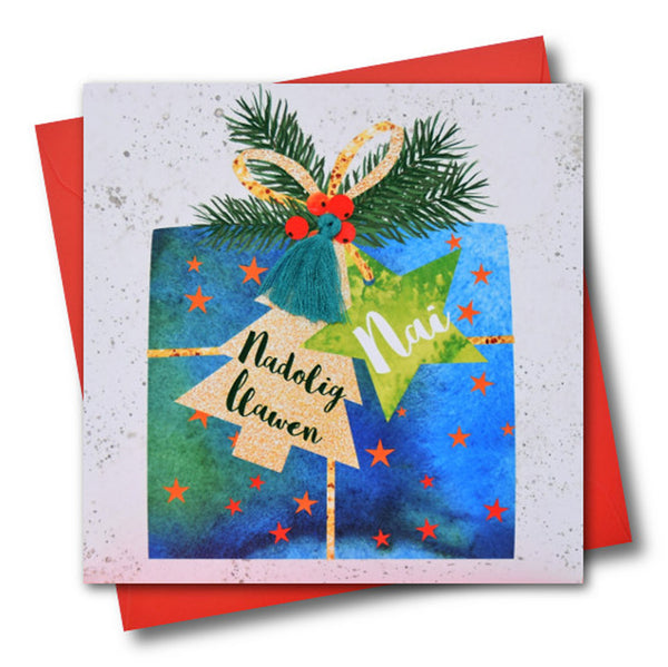 Welsh Nephew Christmas Card, Nadolig Llawen Nai, Present, Tassel Embellished