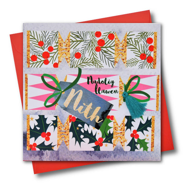 Welsh Niece Christmas Card, Nadolig Llawen Nith, Cracker, Tassel Embellished