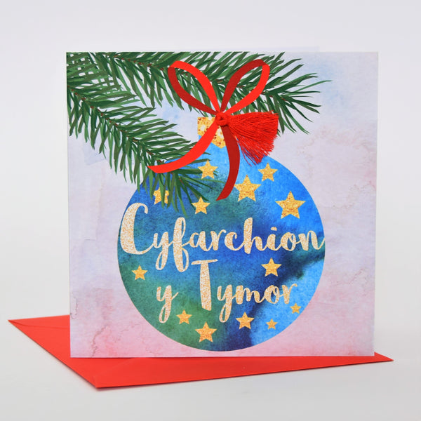 Welsh Christmas Card, Nadolig Llawen, Bauble and Pine, Tassel Embellished