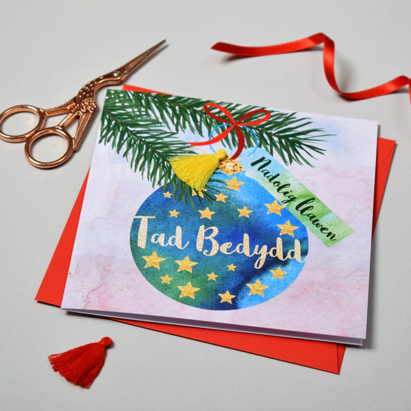 Welsh Godfather Christmas Card, Nadolig Llawen Tad Bedydd, Tassel Embellished
