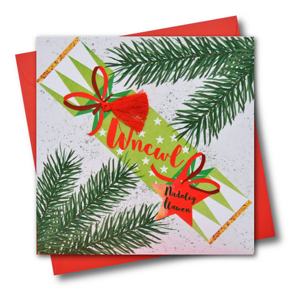 Welsh Uncle Christmas Card, Nadolig Llawen Wncwl, Cracker, Tassel Embellished