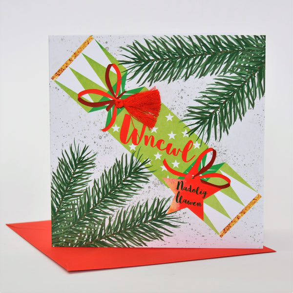 Welsh Uncle Christmas Card, Nadolig Llawen Wncwl, Cracker, Tassel Embellished