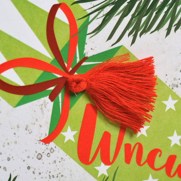 Welsh Uncle Christmas Card, Nadolig Llawen Wncwl, Cracker, Tassel Embellished