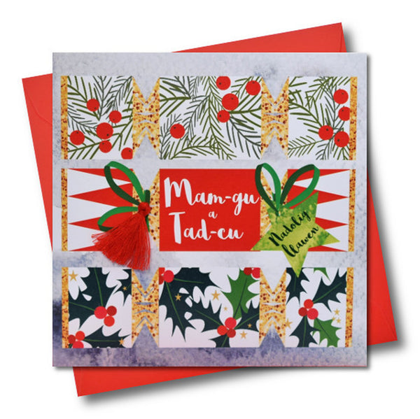 Welsh Grandma & Grandad Christmas Card, Mam-gu a Tad-cu, Tassel Embellished