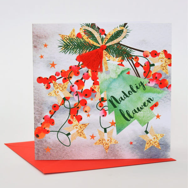 Welsh Christmas Card, Nadolig Llawen, Berries and Bow, Tassel Embellished
