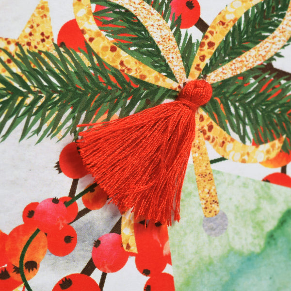 Welsh Christmas Card, Nadolig Llawen, Berries and Bow, Tassel Embellished