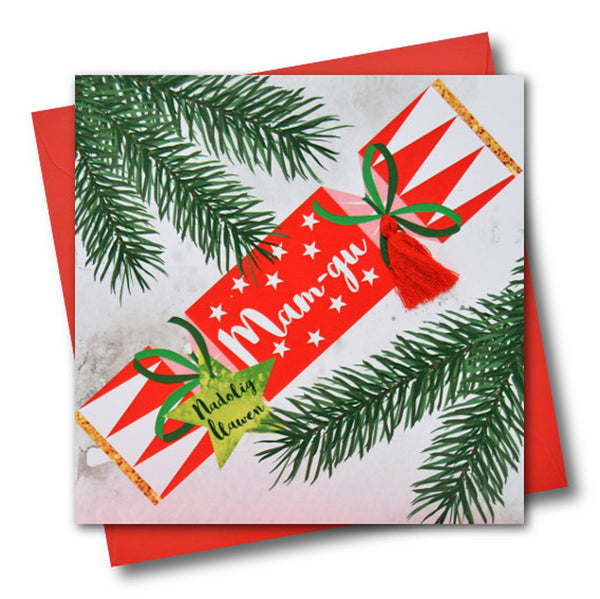 Welsh Grandma Christmas Card, Nadolig Llawen Mam-gu, Cracker, Tassel Embellished