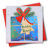 Welsh Christmas Card, Nadolig Llawen, Present and Bow, Tassel Embellished