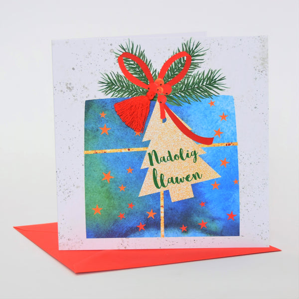 Welsh Christmas Card, Nadolig Llawen, Present and Bow, Tassel Embellished