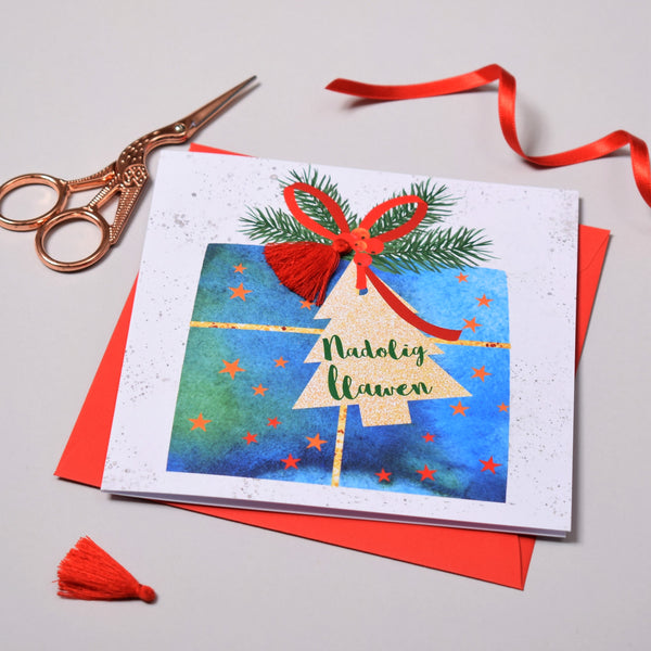 Welsh Christmas Card, Nadolig Llawen, Present and Bow, Tassel Embellished