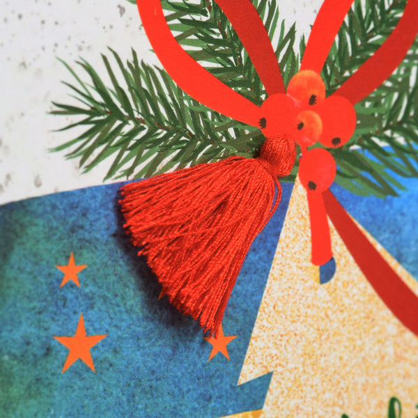 Welsh Christmas Card, Nadolig Llawen, Present and Bow, Tassel Embellished