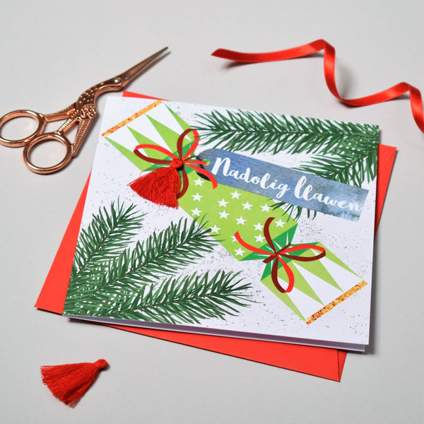 Welsh Christmas Card, Nadolig Llawen, Cracker, Tassel Embellished
