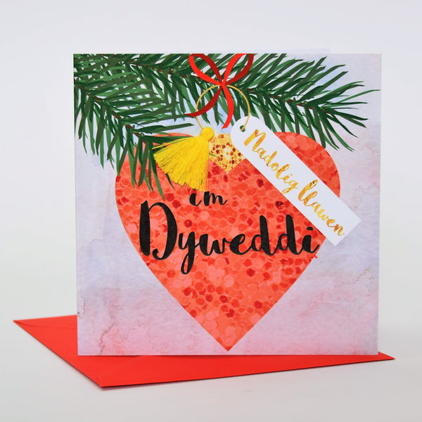 Welsh Fiance Christmas Card, Nadolig Llawen Dyweddi, Bauble, Tassel Embellished