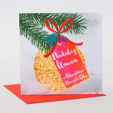 Welsh Christmas Card, Nadolig Llawen, Bauble and Pine, Tassel Embellished