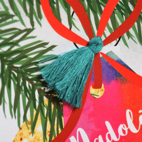 Welsh Christmas Card, Nadolig Llawen, Bauble and Pine, Tassel Embellished