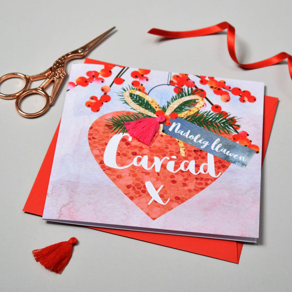 Welsh Girlfriend Christmas Card, Nadolig Llawen, Heart, Tassel Embellished