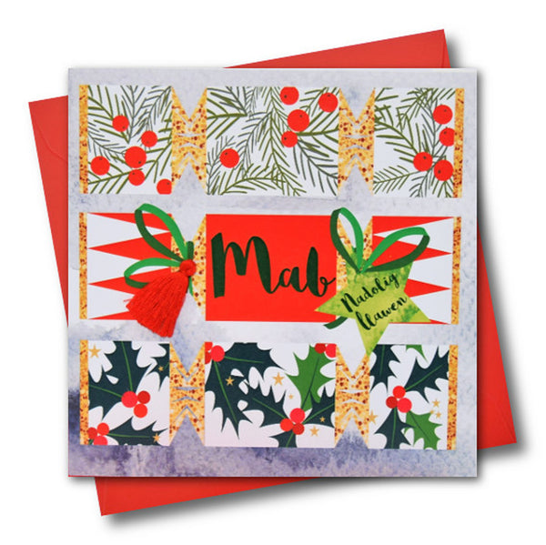 Welsh Son Christmas Card, Nadolig Llawen Mab, Crackers, Tassel Embellished