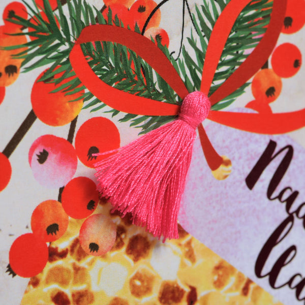 Welsh Christmas Card, Nadolig Llawen, Bauble & Berries, Tassel Embellished