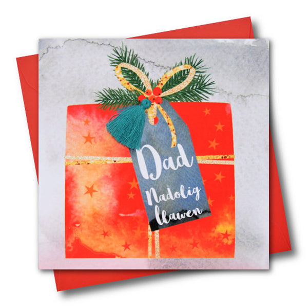 Welsh Dad Christmas Card, Nadolig Llawen, Present, Tassel Embellished