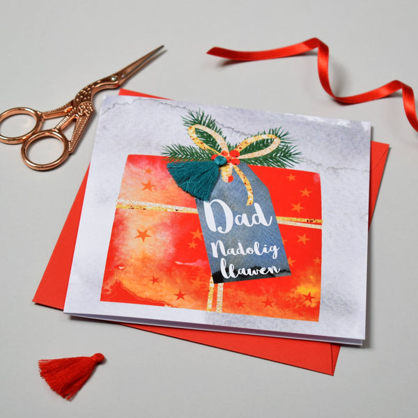 Welsh Dad Christmas Card, Nadolig Llawen, Present, Tassel Embellished