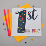 Birthday Card, Age 1, Blue, 1st Birthday, Embellished with pompoms