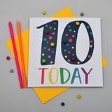 Birthday Card, Age 10 - Blue, 10 Today, Embellished with colourful pompoms