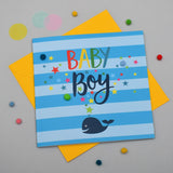 Baby Card, Whale, Baby Boy, Embellished with colourful pompoms