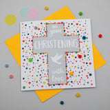 Christening Baptism Card, Cross and Dove, with love, Embellished with pompoms