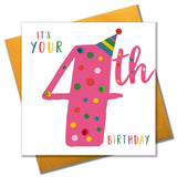 Birthday Card, Age 4 - Pink, It's your 4th Birthday, Embellished with pompoms