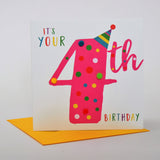 Birthday Card, Age 4 - Pink, It's your 4th Birthday, Embellished with pompoms