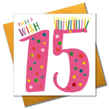 Birthday Card, Age 15 - Pink, Make a Wish 15, Embellished with colourful pompoms