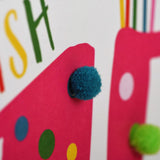 Birthday Card, Age 15 - Pink, Make a Wish 15, Embellished with colourful pompoms