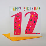Birthday Card, Age 12 - Pink, Happy Birthday 12, Embellished with pompoms