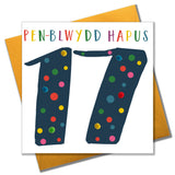 Welsh Age 17 Birthday Card, Penblwydd Hapus, Blue, Embellished with Pompoms