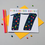 Welsh Age 17 Birthday Card, Penblwydd Hapus, Blue, Embellished with Pompoms