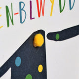 Welsh Age 17 Birthday Card, Penblwydd Hapus, Blue, Embellished with Pompoms