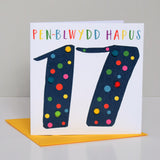 Welsh Age 17 Birthday Card, Penblwydd Hapus, Blue, Embellished with Pompoms