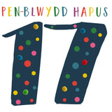 Welsh Age 17 Birthday Card, Penblwydd Hapus, Blue, Embellished with Pompoms