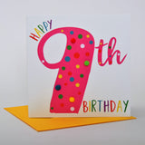 Birthday Card, Age 9 - Pink, Happy 9th Birthday, Embellished with pompoms