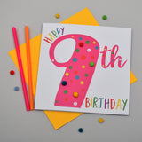 Birthday Card, Age 9 - Pink, Happy 9th Birthday, Embellished with pompoms