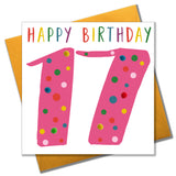 Birthday Card, Age 17 - Pink, Happy Birthday 17, Embellished with pompoms