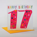 Birthday Card, Age 17 - Pink, Happy Birthday 17, Embellished with pompoms