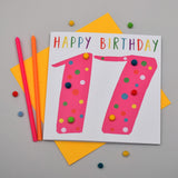 Birthday Card, Age 17 - Pink, Happy Birthday 17, Embellished with pompoms